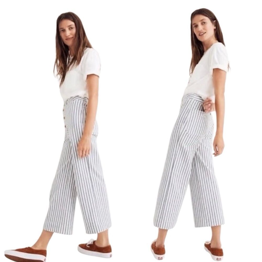 Madewell White Top with Blue-Gray Striped Wide-Leg Pants